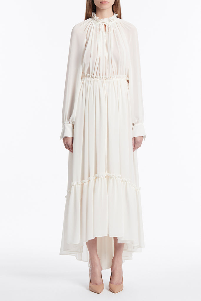 CREAM GEORGETTE GATHERED RUFFLE DRESS Carla Zampatti