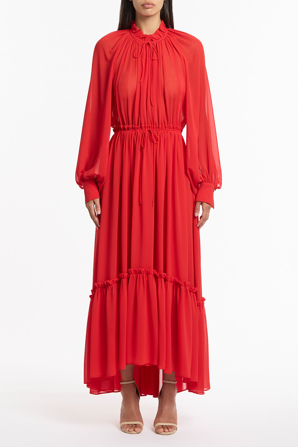 RED GEORGETTE GATHERED RUFFLE DRESS Carla Zampatti