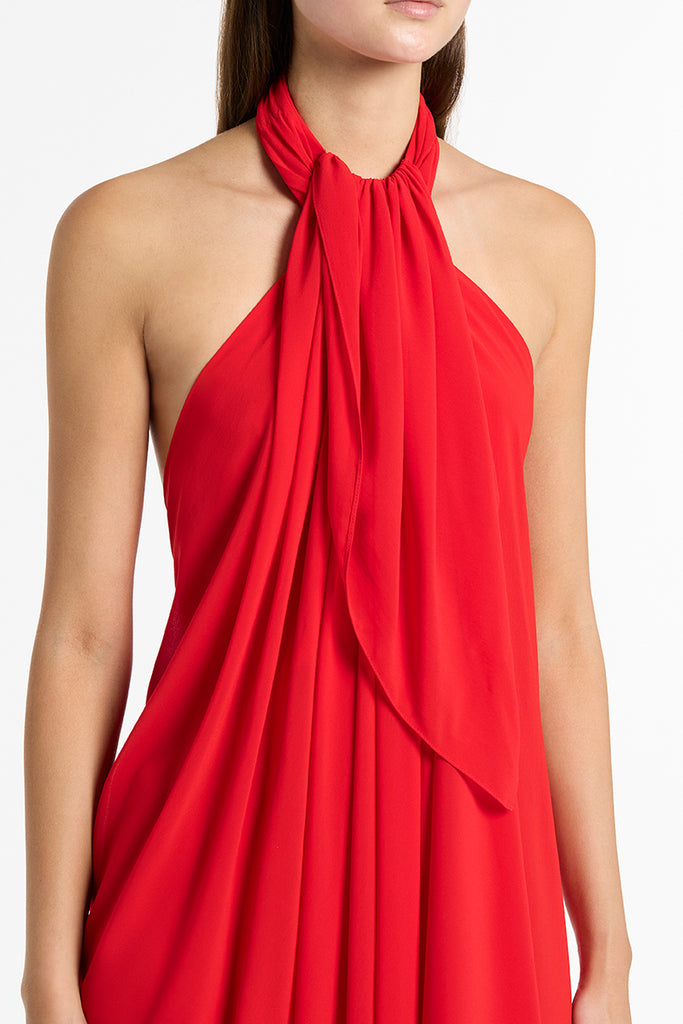 RED GEORGETTE RUFFLE HALTER GOWN