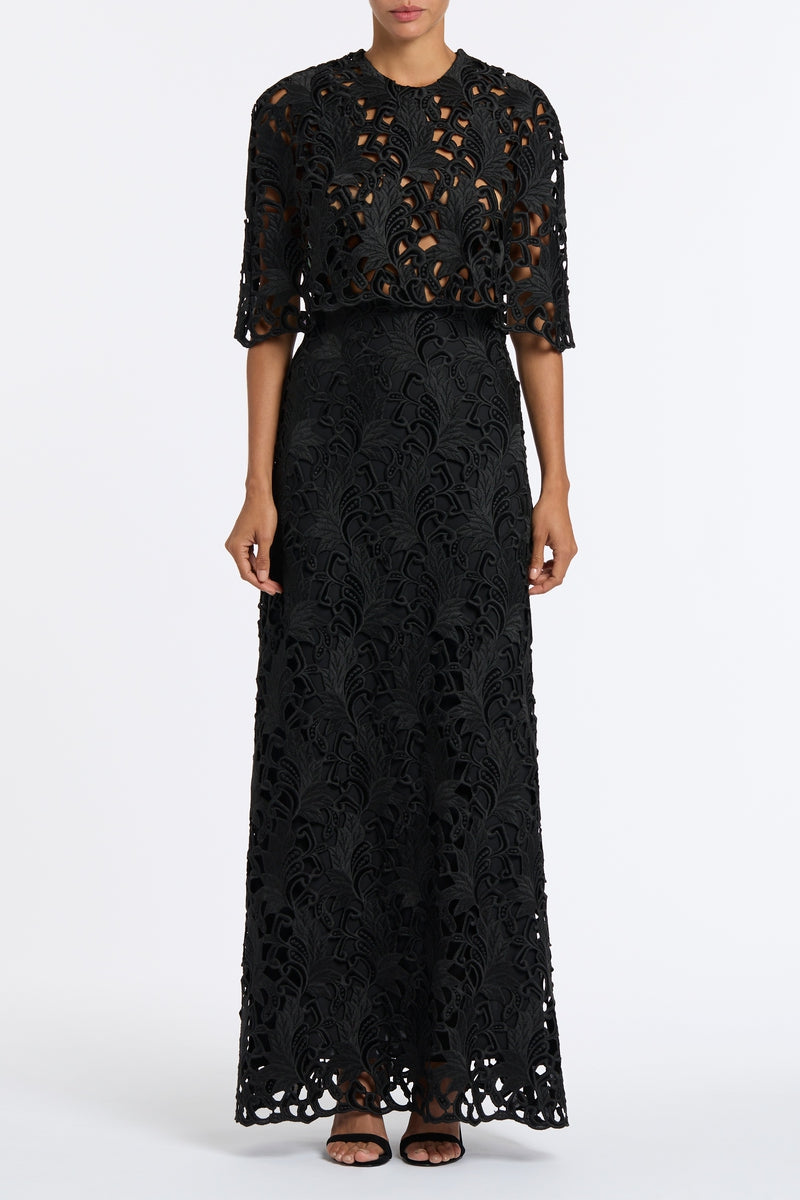 BLACK EMBROIDERED VELVET GOWN