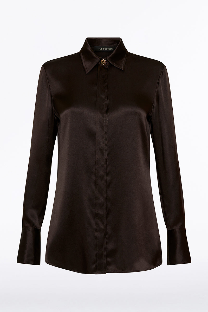 CHOCOLATE SILK SATIN CLASSIC SHIRT – Carla Zampatti