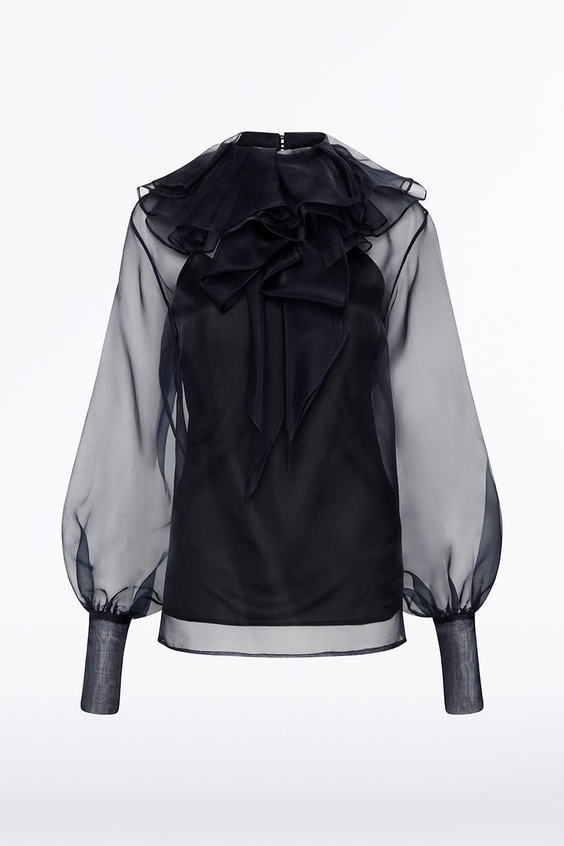 INK SILK ORGANZA RUFFLE NECK BLOUSE – Carla Zampatti