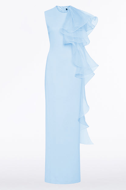 PALE BLUE CREPE RUFFLE SHOULDER GOWN Carla Zampatti