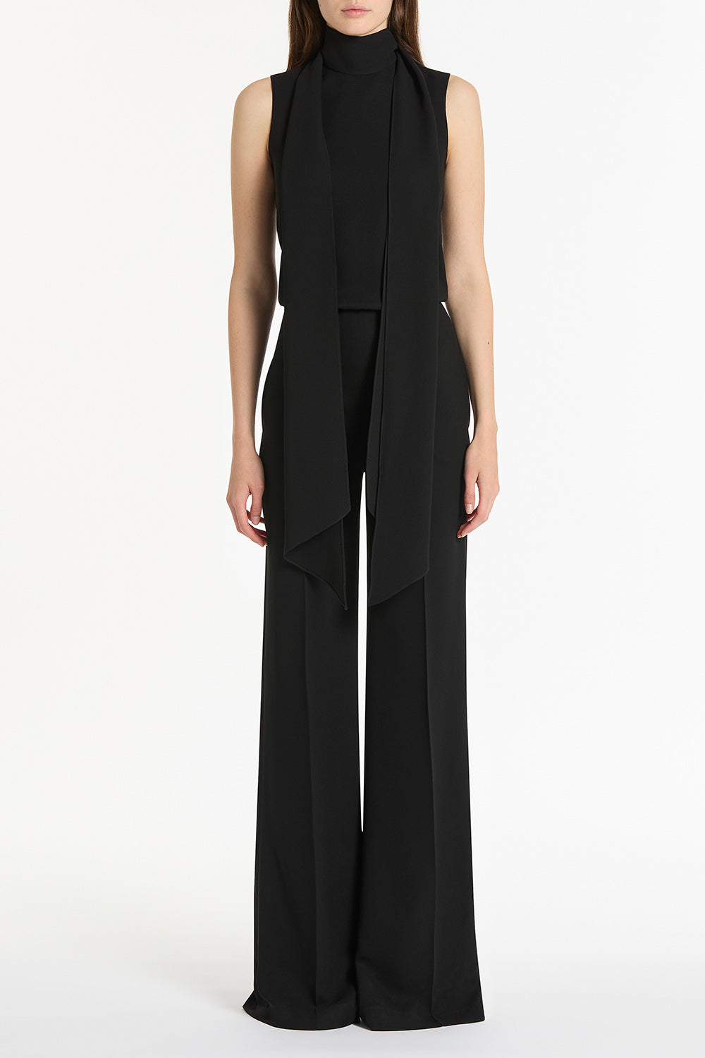 BLACK CREPE CLASSIC TIE NECK JUMPSUIT