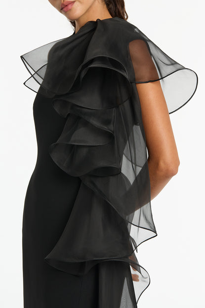 Carla Zampatti Satin Ruffle Shoulder Gown, Black – Plus One Dress Hire