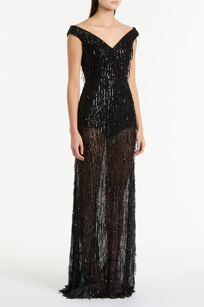 Black sequin plunge outlet dress with fringed skirt