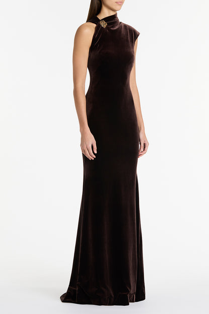 CHOCOLATE VELVET BUTTON GOWN Carla Zampatti