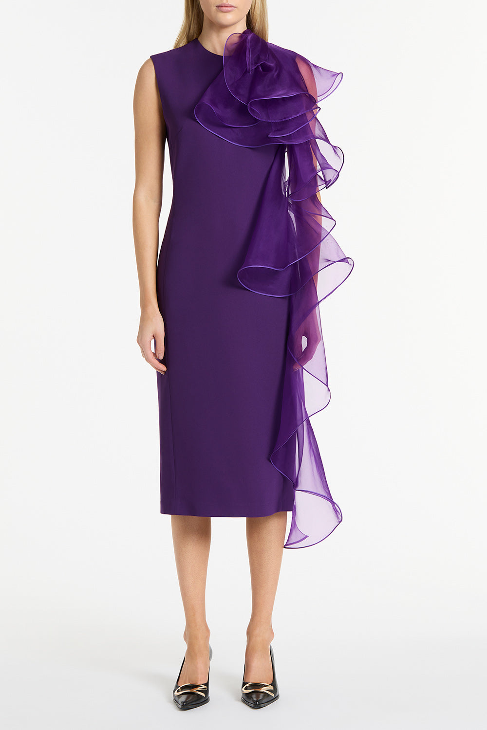 DAHLIA CREPE RUFFLE SHOULDER DRESS – Carla Zampatti