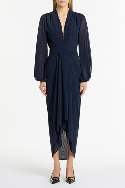 NAVY GEORGETTE V-NECK WATERFALL DRESS – Carla Zampatti