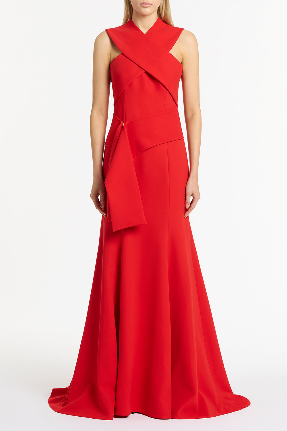 RED CREPE FASCIA CROSS OVER GOWN