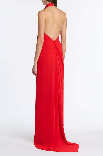 RED GEORGETTE RUFFLE HALTER GOWN Carla Zampatti